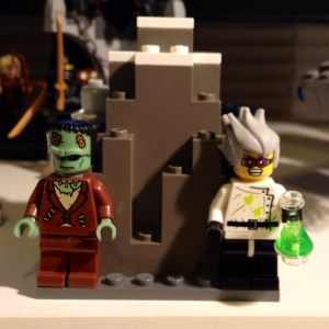 Popular or Sci-Fi depictions: The Creature in Boris Karloff disguise and Victor Frankenstein as the mad scientist.