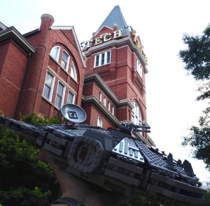 The Millennium Falcon circles Tech Tower.