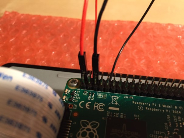 ...to the power output leads on the GPIO pins on the Raspberry Pi. This is one of three possible powering configurations--the other two involve USB.