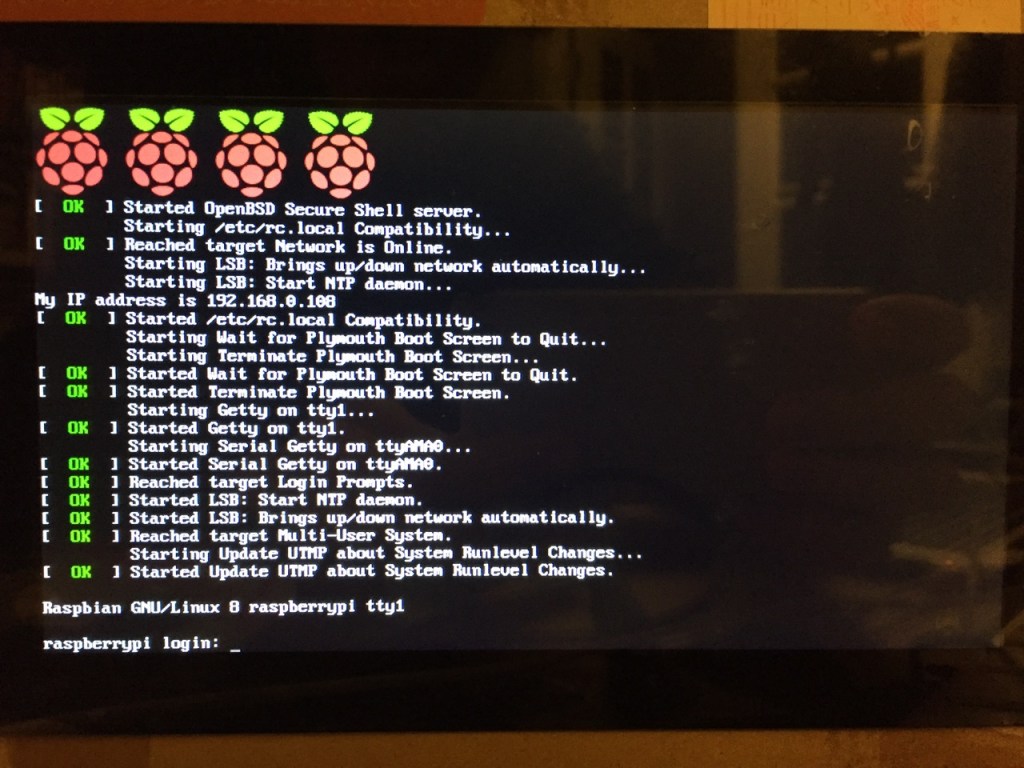 After booting into Raspbian, the first thing that you see is the login prompt.