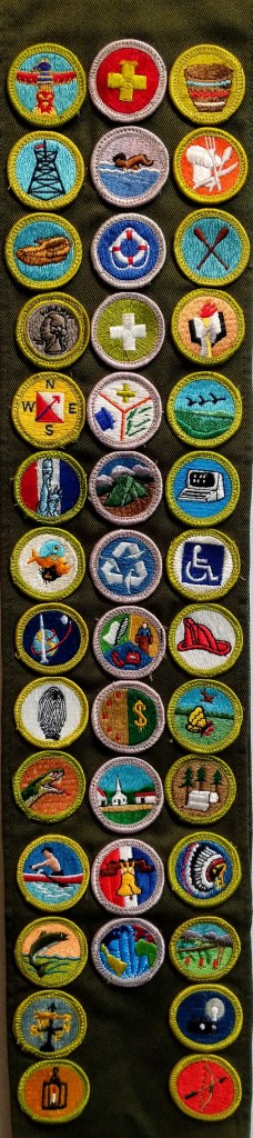 Jason Ellis' Boy Scouts Merit Badge sash with 40 badges, including Handicap Awareness.