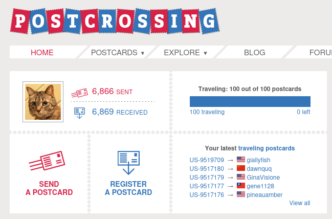 Postcrossing profile screenshot described in text.