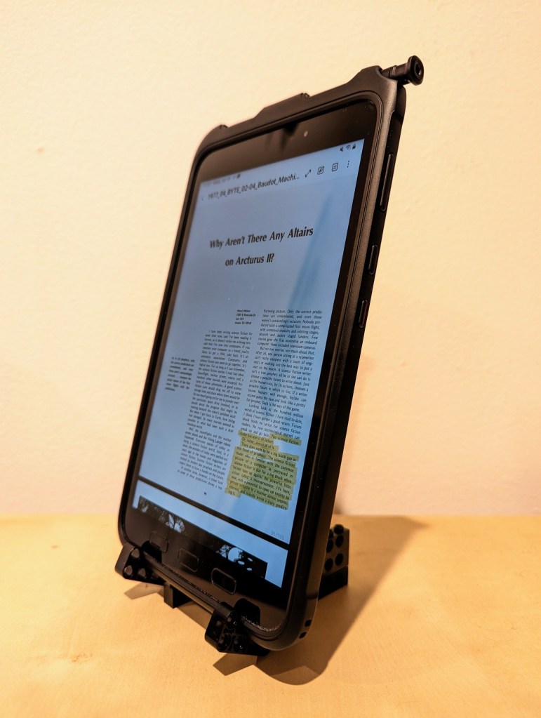 Samsung Galaxy Tab Active3 held at 14 degrees from the vertical with a DIY LEGO Technic stand.