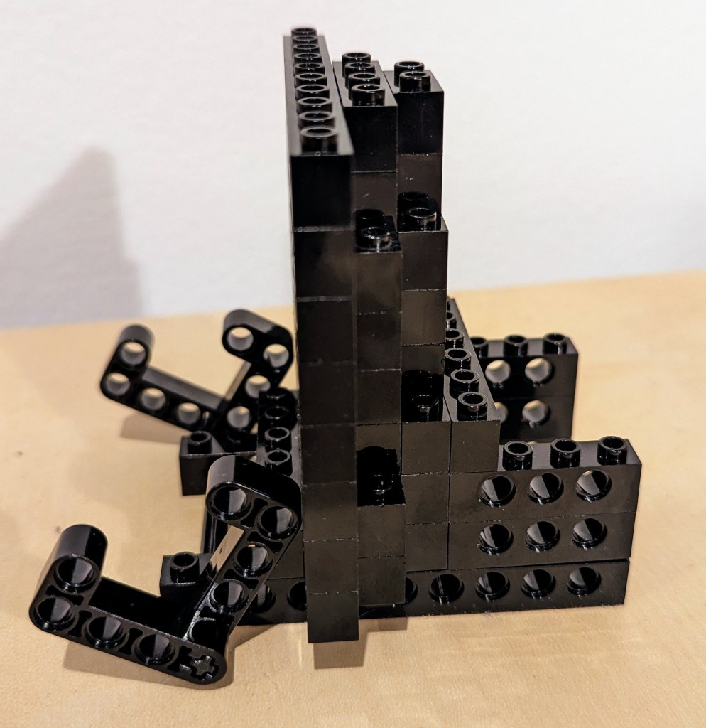 Side view of the LEGO Technic tablet display stand without the tablet in place.