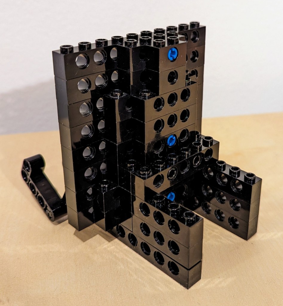 Rear 3/4 view of the LEGO Technic tablet display stand.