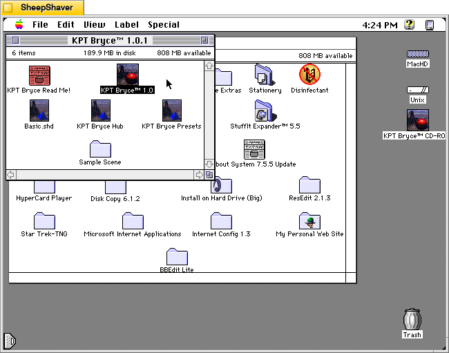 KPT Bryce 1.0 program folder copied to the computer's hard drive from the KPT Bryce CD-ROM.