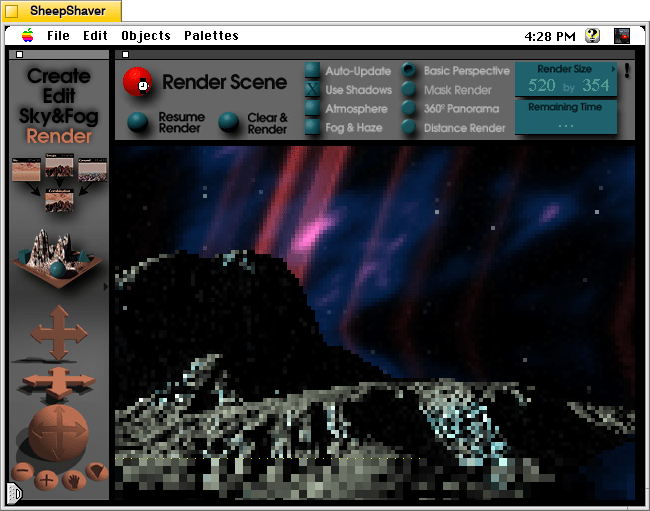 KPT Bryce's rendering screen--note the horizontal dotted yellow line indicating the progression of that iterative ray tracing pass on the scene.