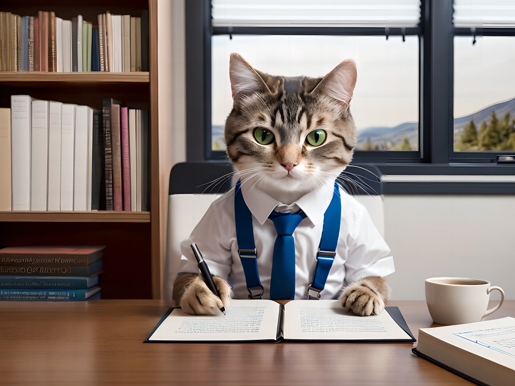 Photo of a business cat taking notes in his office. Image created with Stable Diffusion.