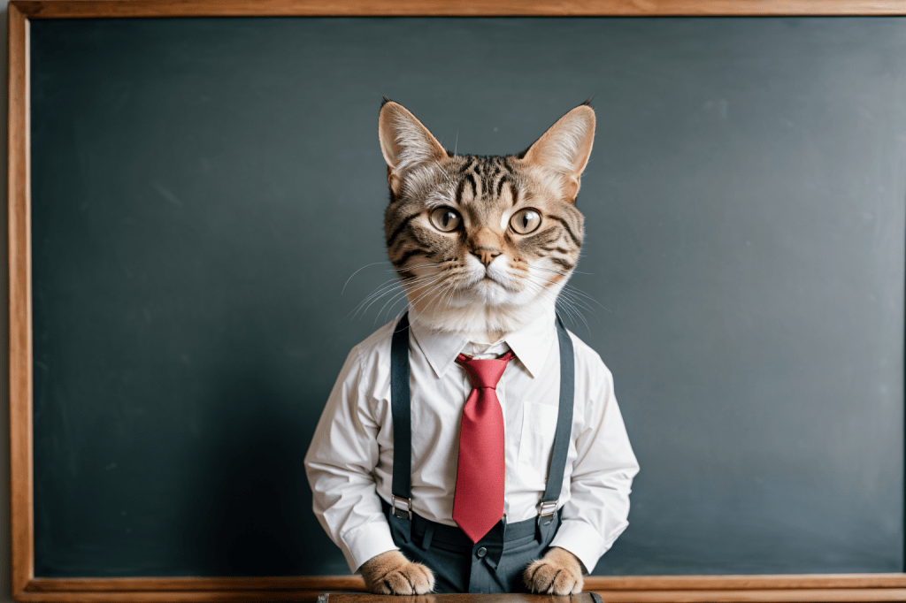 Anthropomorphic cat wearing suit and tie, and standing in front of a chalkboard. Image created with Stable Diffusion.