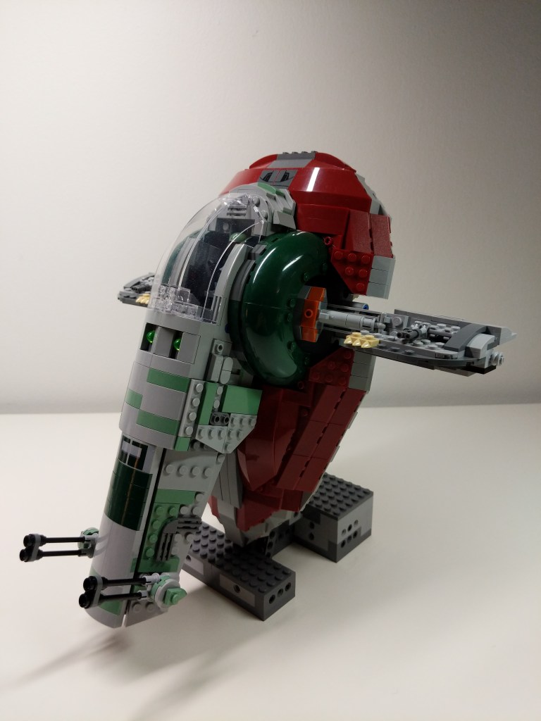 LEGO Boba Fett's Slave I on display stand.
