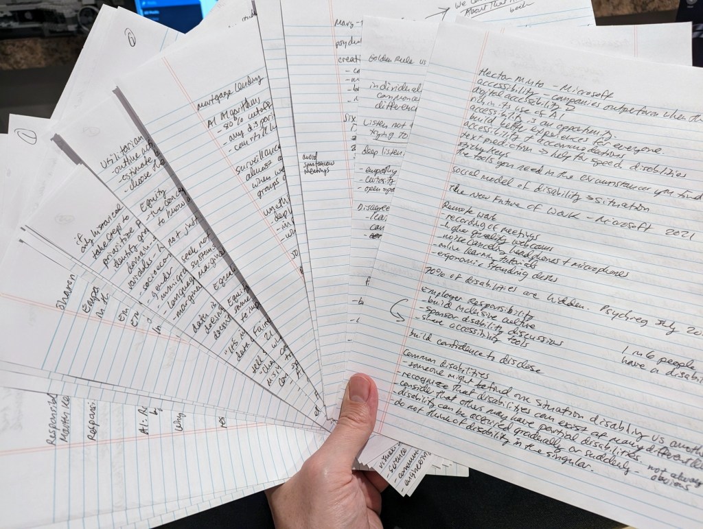 Fanned out loose-leaf notes that Jason took during his LinkedIn Courses.