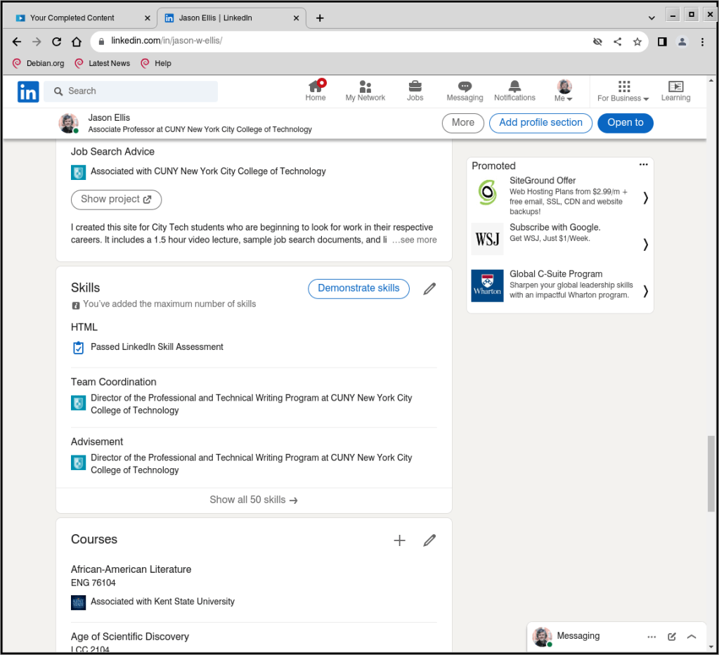 Jason Ellis' Skills section on his LinkedIn Profile.