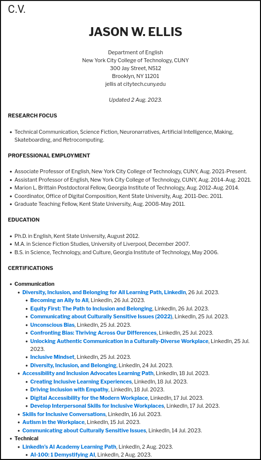 Excerpt image of Jason Ellis' CV. Link to CV below.