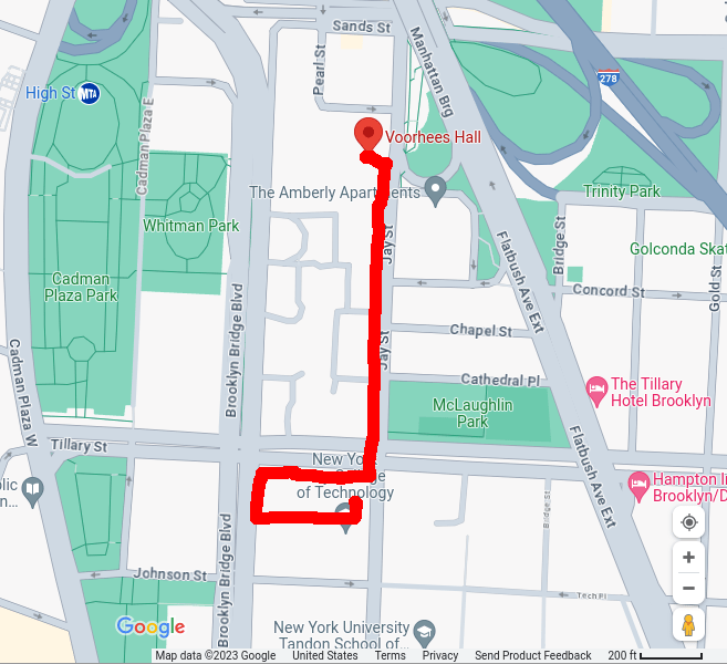 Red line indicates the path that I walked from Vorhees to the Namm Building--including my path within the Namm complex and its elevators.
