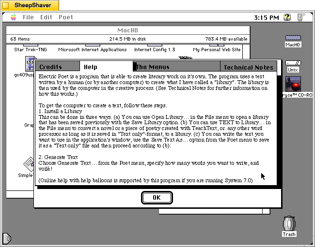Electric Poet 1.6 for Macintosh, About Window > Help