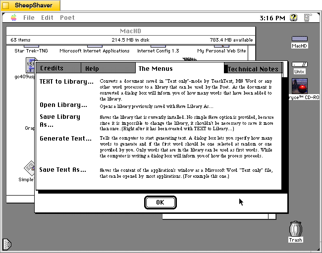 Electric Poet 1.6 for Macintosh, About Window > The Menus