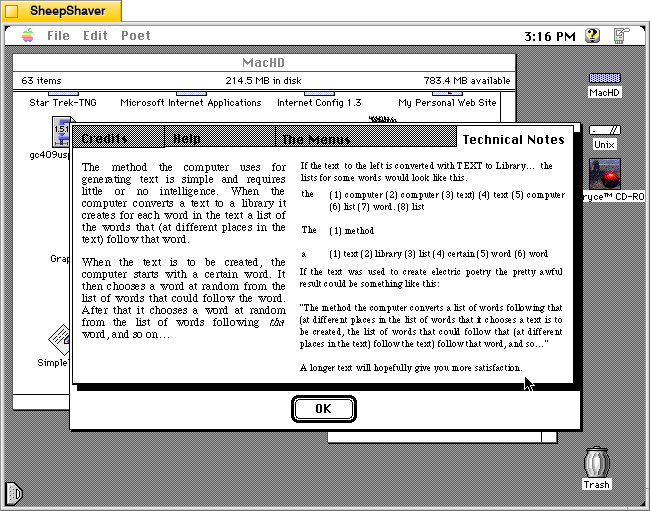 Electric Poet 1.6 for Macintosh, About Window > Technical Notes