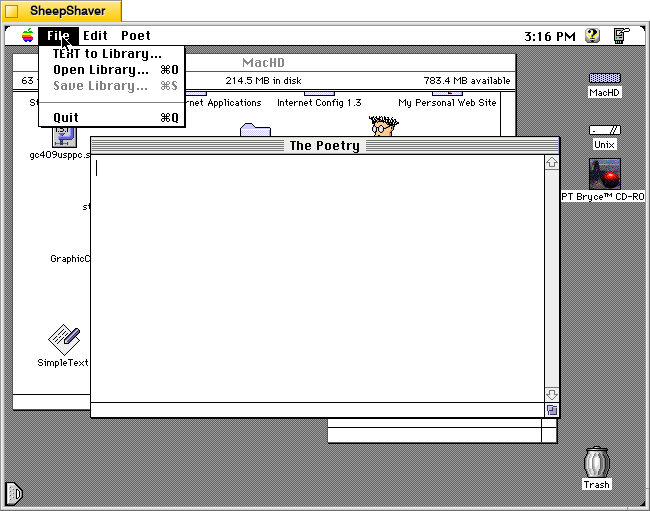 Electric Poet 1.6 for Macintosh, File menu options