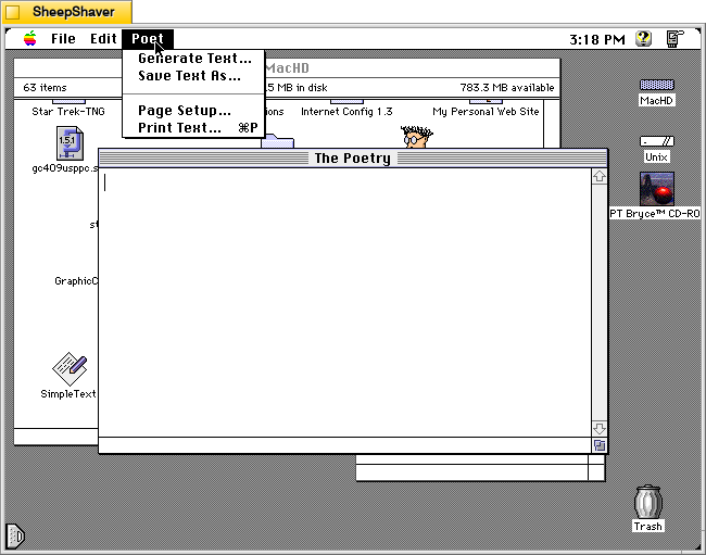 Electric Poet 1.6 for Macintosh, Poet menu options