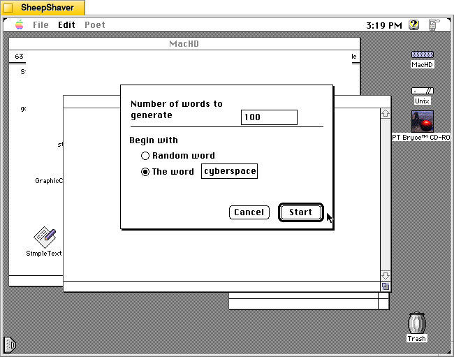 Electric Poet 1.6 for Macintosh, Poet menu > Generate Text window