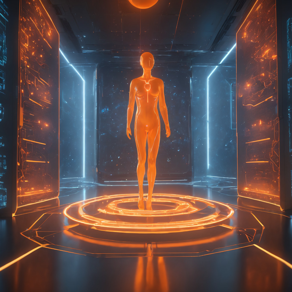 A holographic projection of an AI emerges from the portal. Image generated with Stable Diffusion XL.