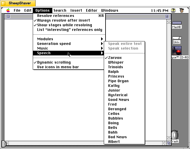 Kant Generator Pro for Macintosh, Options > Speech menu