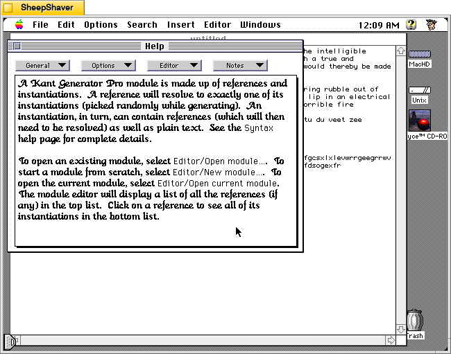 Kant Generator Pro for Macintosh, Apple menu > Help > Editor > Getting Started