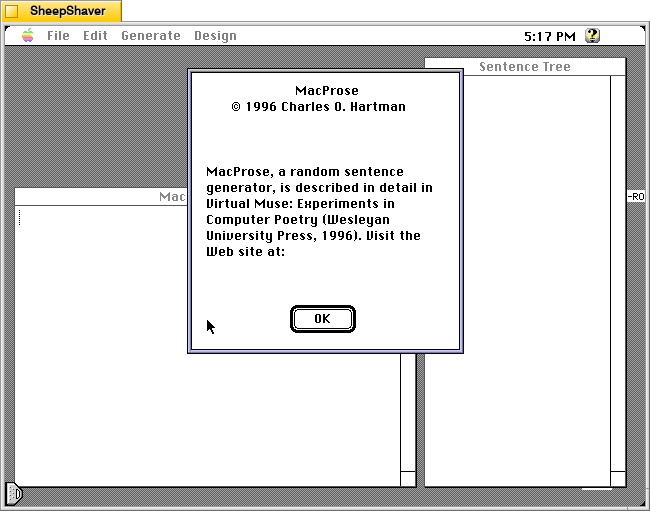 MacProse for Macintosh, About Mac Prose window with copyright information.