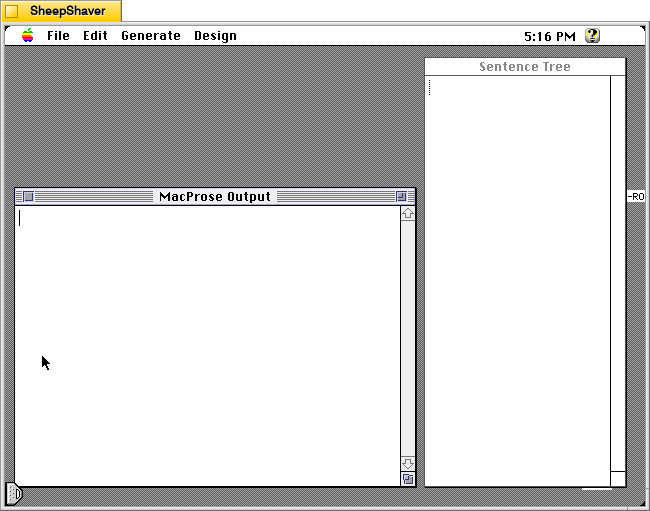 MacProse for Macintosh, after launch, MacProse Output and Sentence Tree windows.