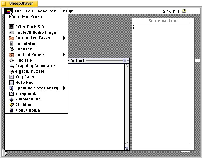 MacProse for Macintosh, Apple menu with an option for "About McProse."