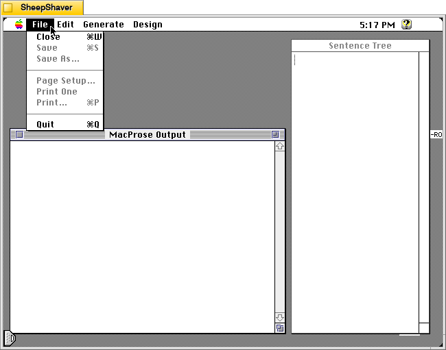 MacProse for Macintosh, File menu.