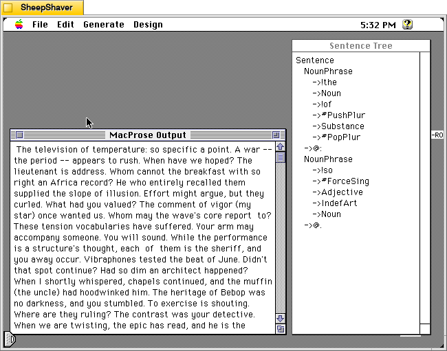 MacProse for Macintosh, sentences generated on the left and a sentence tree for the first sentence.