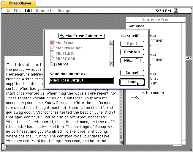MacProse for Macintosh, saving the generated sentence output as a text file.