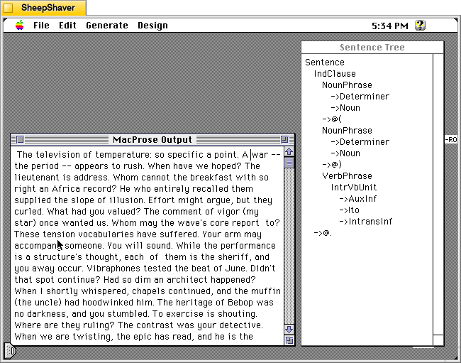 MacProse for Macintosh, sentences generated on the left and a sentence tree for the second sentence.