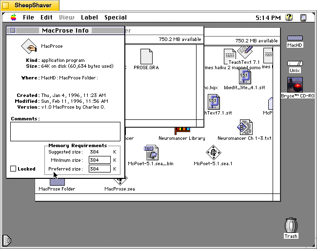 MacProse for Macintosh, Get Info window for MacProse application