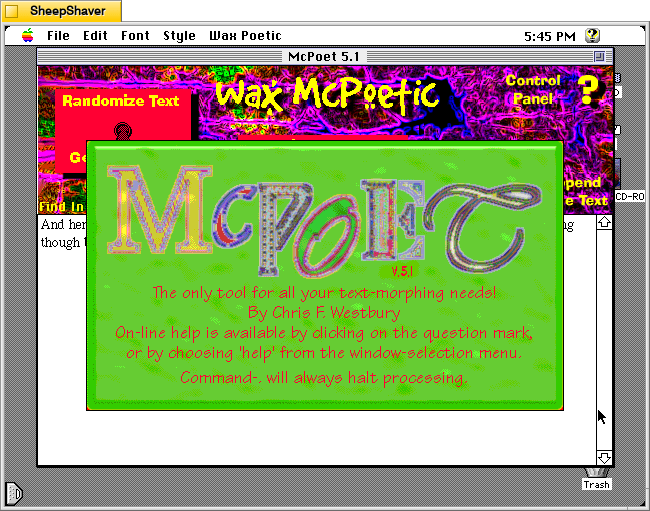 McPoet 5.1 for Macintosh, About McPoet window