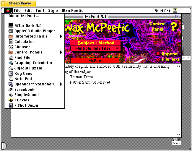 McPoet 5.1 for Macintosh, Apple menu