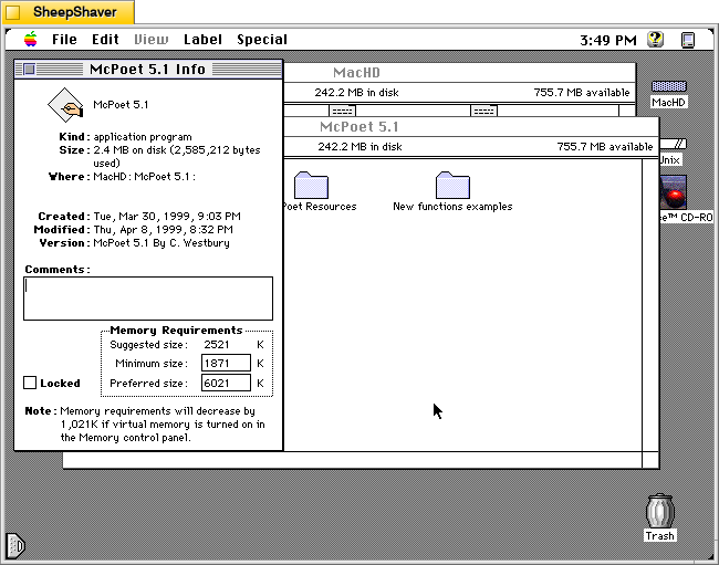 McPoet 5.1 for Macintosh, Get Info for McPoet 5.1 application.