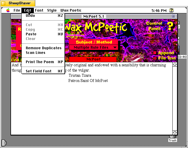 McPoet 5.1 for Macintosh, Edit menu