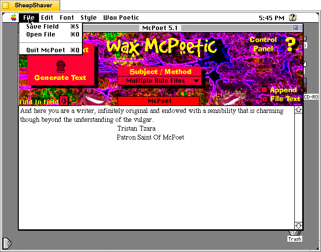 McPoet 5.1 for Macintosh, File menu