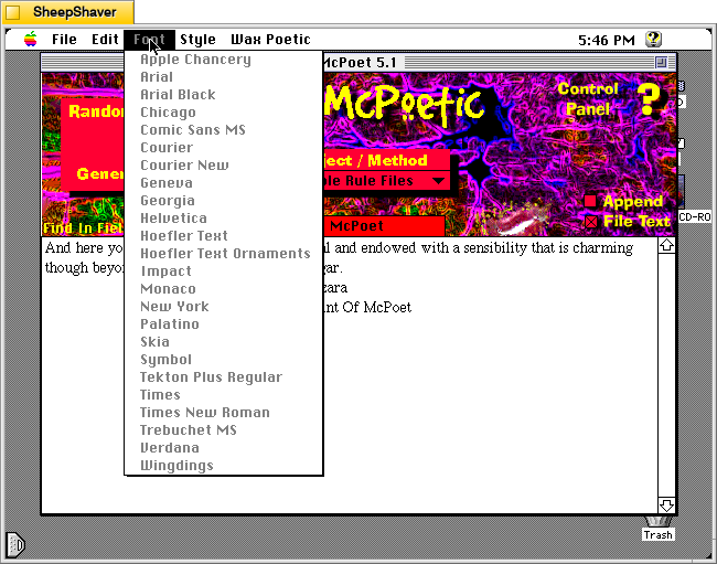 McPoet 5.1 for Macintosh, Font menu