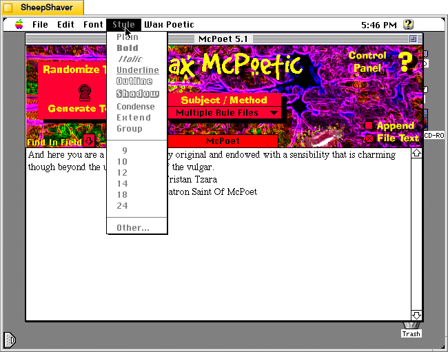 McPoet 5.1 for Macintosh, Style menu