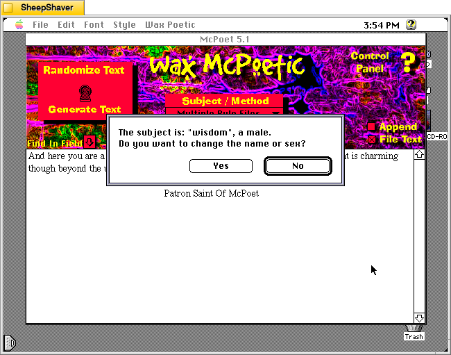 McPoet 5.1 for Macintosh, after launching the application, the user is prompted to accept or change the subject's name and sex.