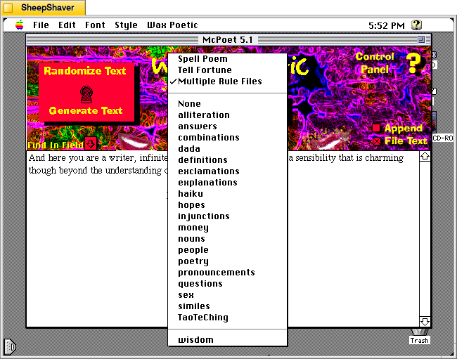 McPoet 5.1 for Macintosh, after selected Paragraph.rules under Subject/Method, clicking on the pull-down menu now shows types of writing to generate.