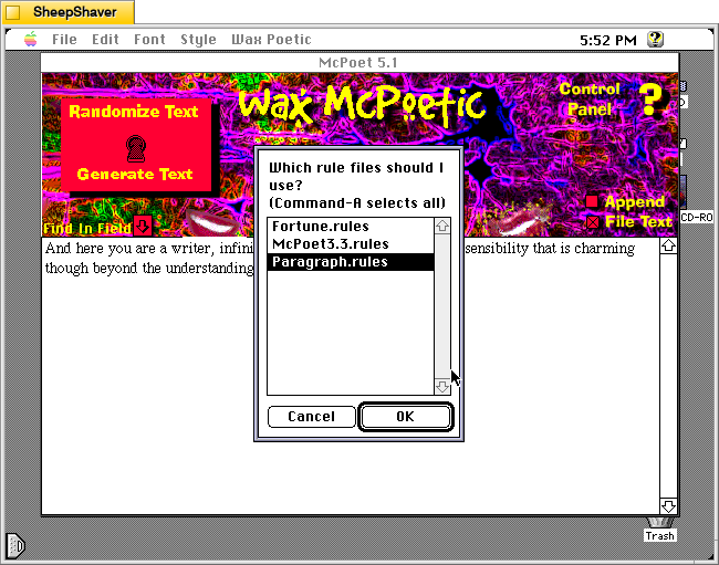 McPoet 5.1 for Macintosh, Multiple Rule Files option window