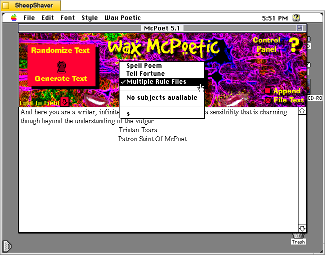 McPoet 5.1 for Macintosh, Subject/Method pull-down menu options.