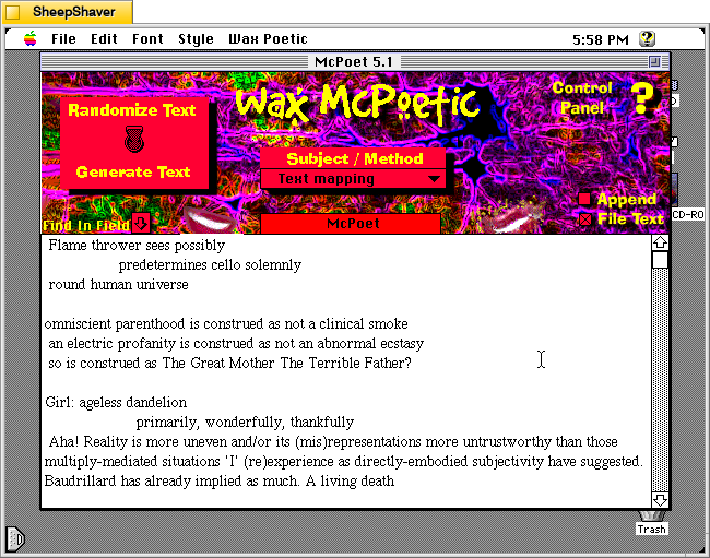 McPoet 5.1 for Macintosh, Three haikus transformed with Post-modernism text mapped onto the original haiku text.