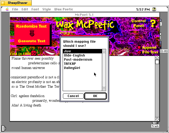 McPoet 5.1 for Macintosh, after switching to Randomize Text, selecting text mapping, and choosing to do it under Wax Poetic, the user is presented with options for the kind of text to map on the original text. In this case, I selected Post-modernism