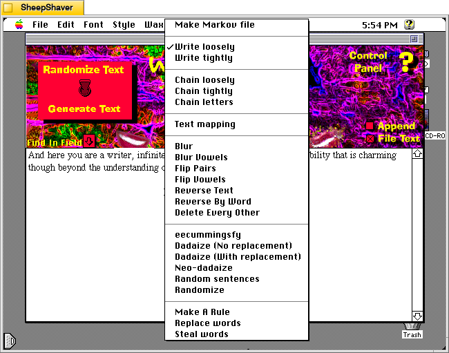 McPoet 5.1 for Macintosh, pull down the Subject/Method menu in the center of the window to see what options are available under Randomize Text