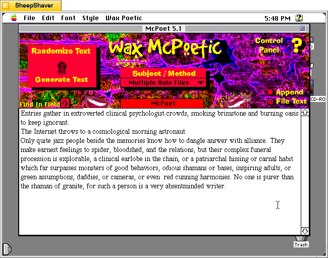 McPoet 5.1 for Macintosh, after choosing 3 lines of text to generate, the output words are shown in the composition window.